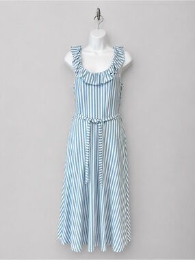 Boden Blue White Stripe Ruffle Neck Midi Dress Belted Sleeveless Sundress